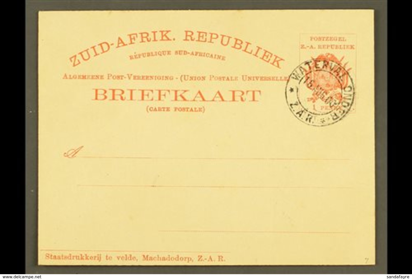 \Y TRANSVAAL (ZAR)\Y POSTAL STATIONERY 1900 1d Postal Card, H&G 7, Very Fine With WATERVAAL ONDER / Z.A.R Cto Cancellati - Unclassified
