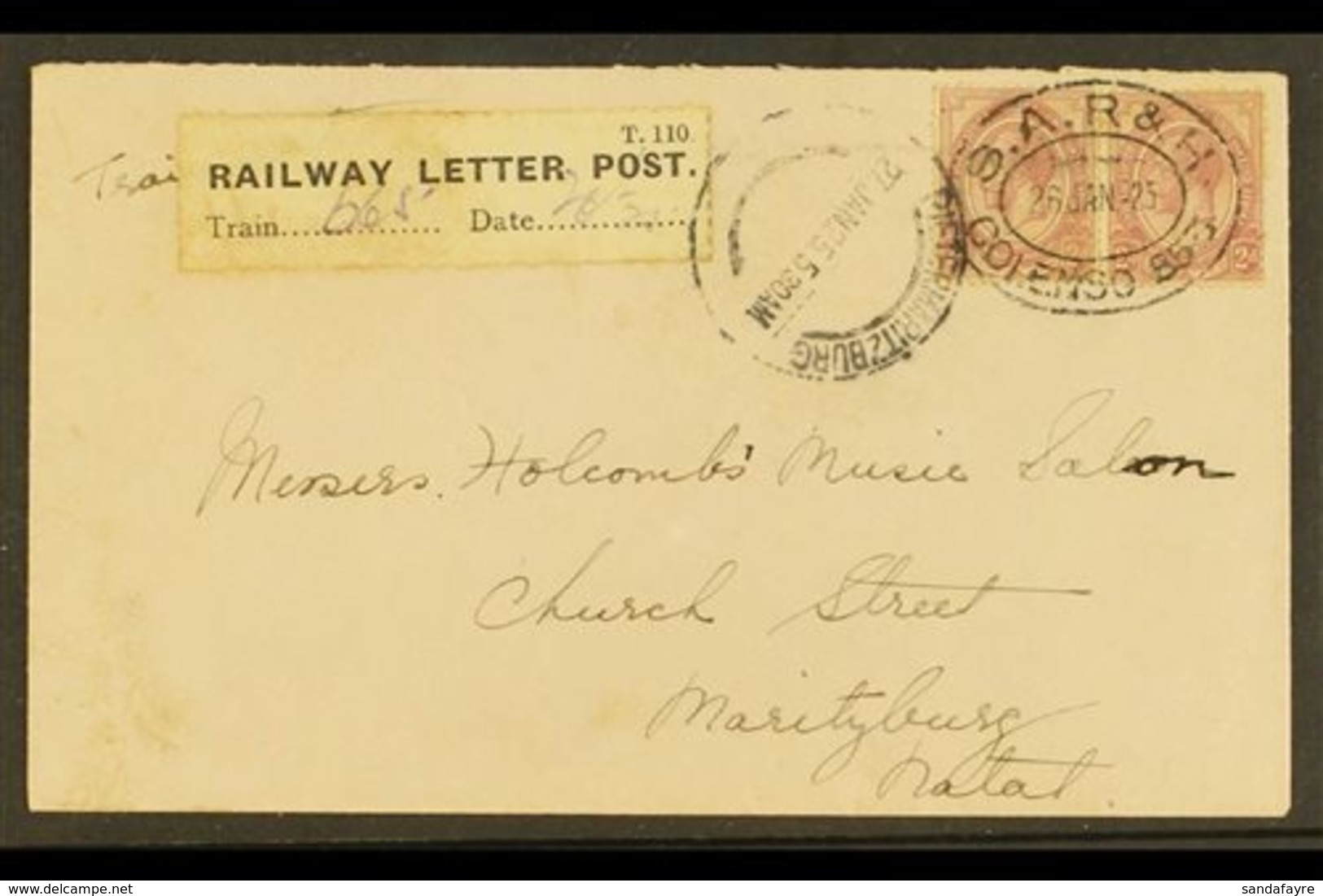 \Y 1925 RAILWAY LETTER POST COVER\Y 2d KGV Pair On Cover, Cancelled With Oval "S.A.R. & H. COLENSO 853" 26.1.25 Postmark - Unclassified