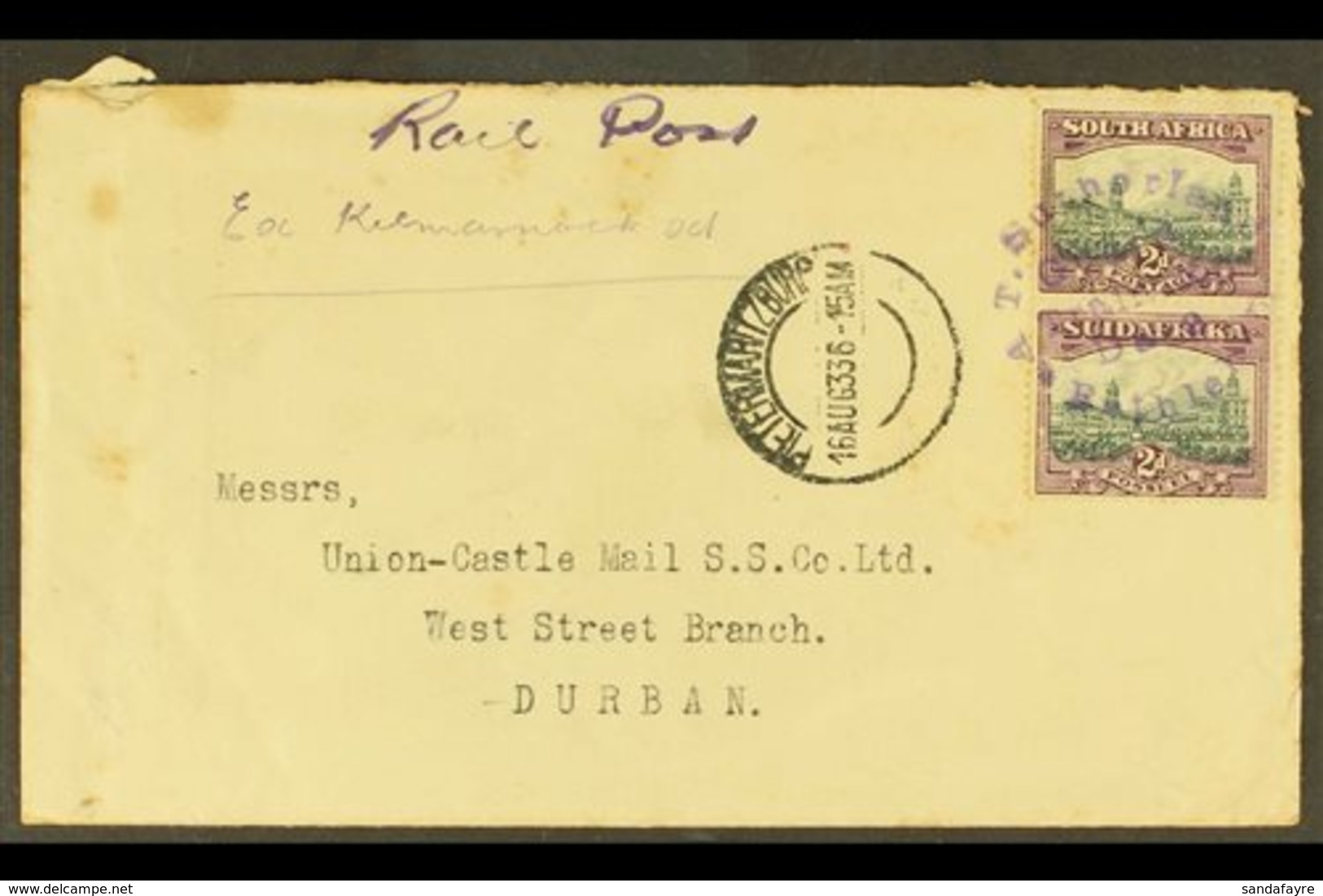 \Y 1933 "RAIL POST" COVER\Y 1933 (16 Aug) Cover To Durban, Endorsed "Rail Post", Bearing 2d Vertical Pair Tied By "A.T.S - Unclassified