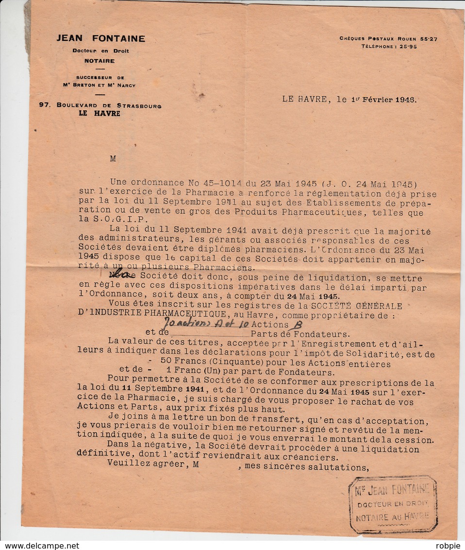 Jean FONTAINE Notaire à Veuve LECONTE  LE HAVRE 1946 - Autres & Non Classés