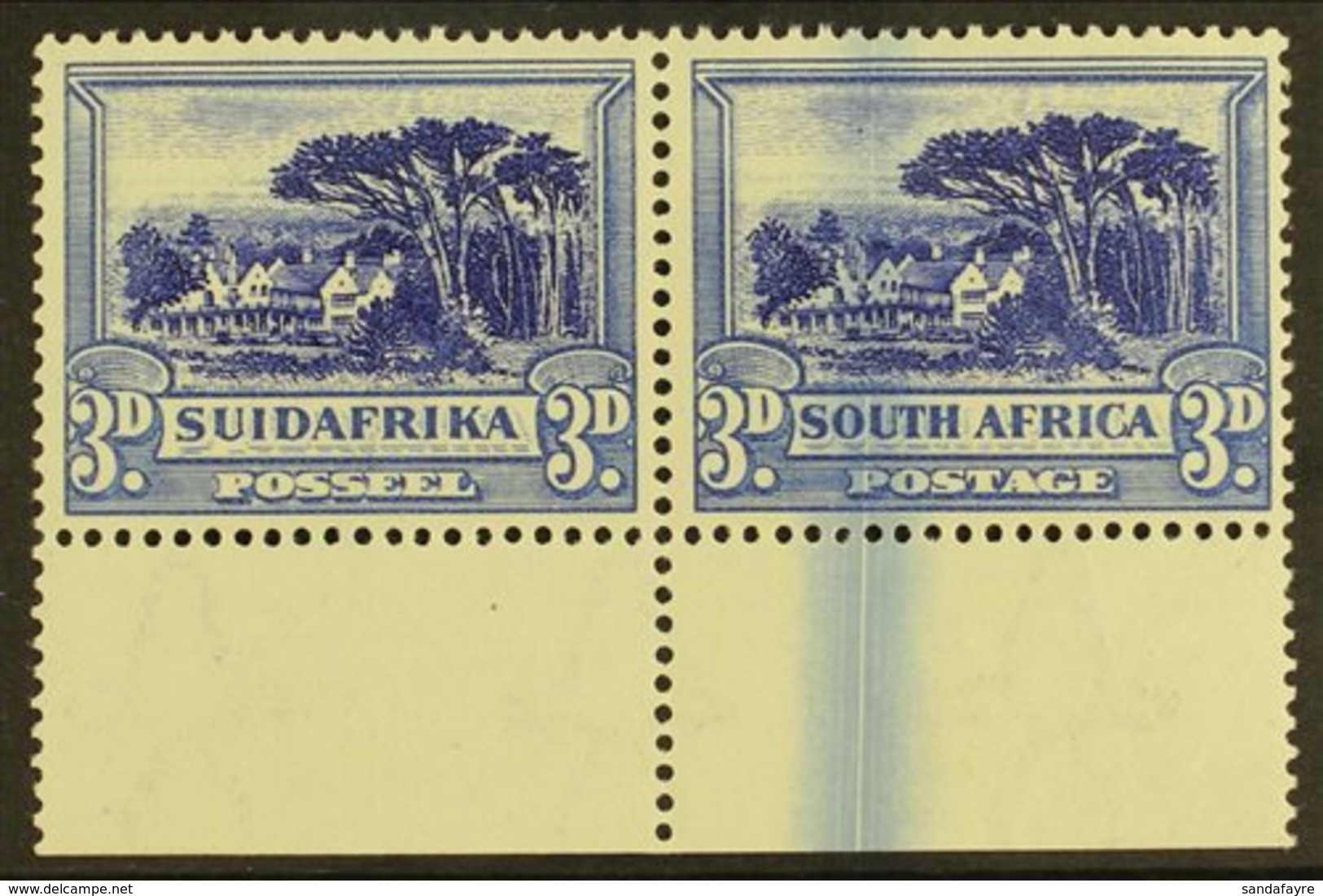 \Y UNION VARIETY\Y 1930-44 3d Blue, Watermark Inverted, Lower Marginal Example With LARGE INK FLAW Across Margin And Sta - Unclassified