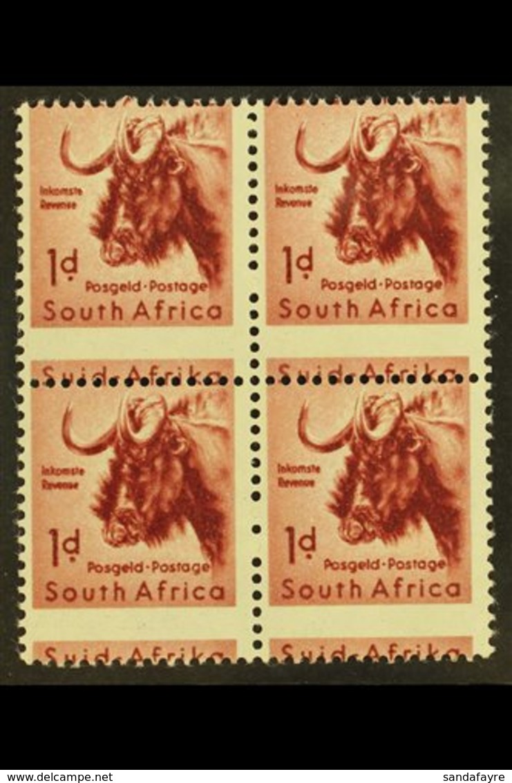 \Y UNION VARIETY\Y 1959-60 1d Wildebeest, Type I, Wmk Coat Of Arms, Block Of 4 With MISPLACED PERFORATIONS, SG 171, Neve - Unclassified