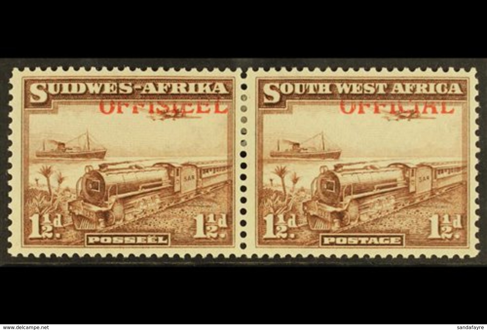 \Y OFFICIALS\Y 1945-50 1½d Ovpt Shifted Top Right SG O20 (SACC 20b), Very Fine Mint Pair. For More Images, Please Visit  - Südwestafrika (1923-1990)