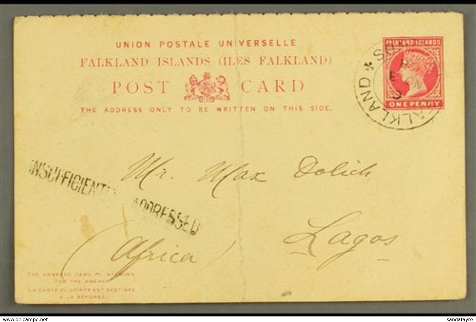 \Y LAGOS\Y Outward Portion Of 1d Reply Card Sent From The Falkland Is To Lagos (Africa) And Drawing An "Insufficiently A - Nigeria (...-1960)