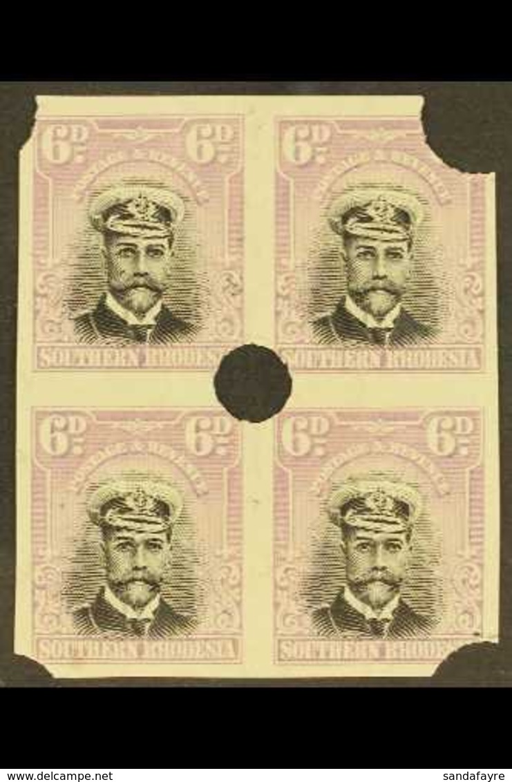 \Y 1924\Y 6d Black And Mauve, As SG 7, Admiral Block Of 4, Imperf Punched Proofs Of Complete Design From The Waterlow Ar - Southern Rhodesia (...-1964)