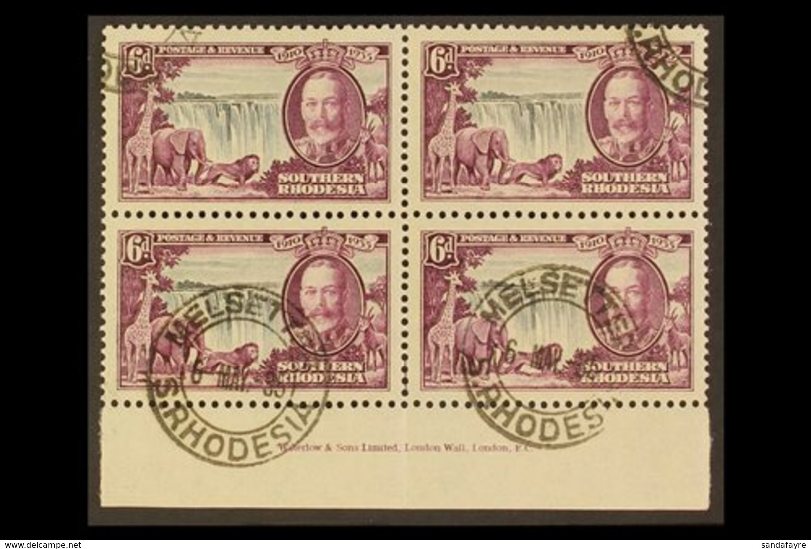 \Y 1935\Y 6d Black & Purple Silver Jubilee, SG 34, Very Fine Cds Used Lower Marginal IMPRINT BLOCK Of 4 With Full 'Water - Rhodésie Du Sud (...-1964)