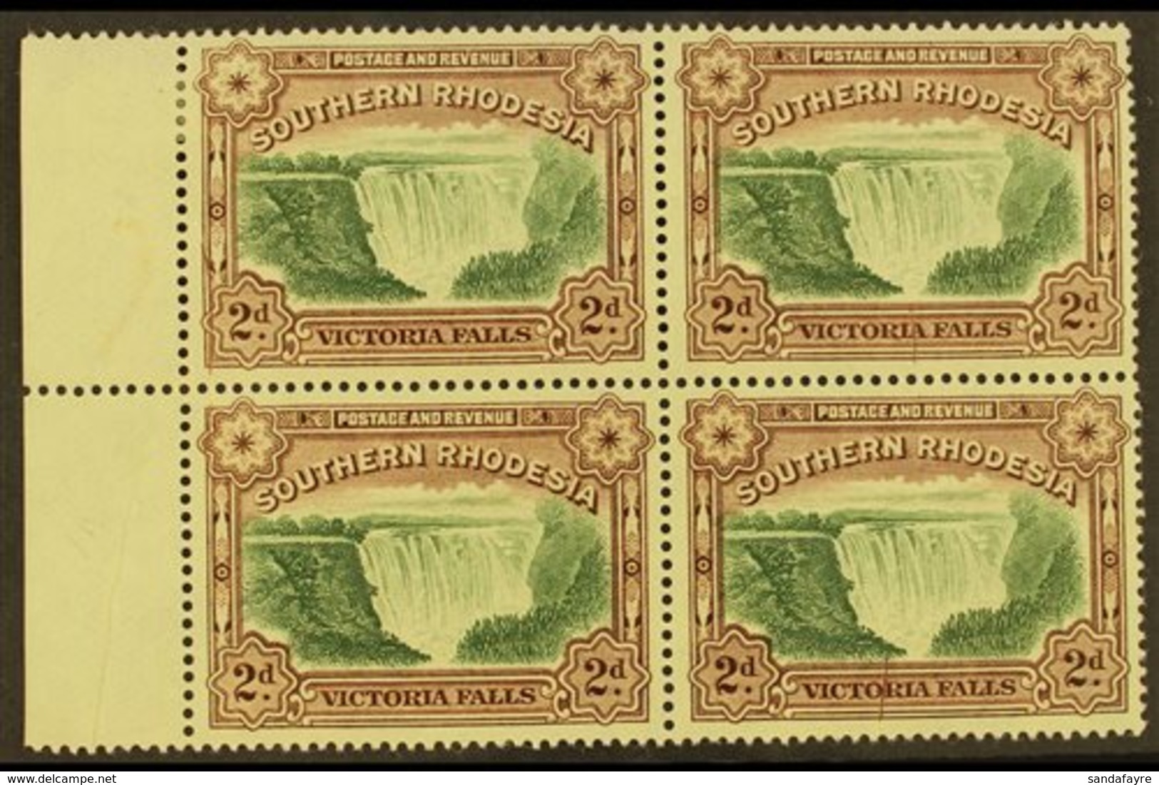 \Y 1935-41\Y 2d Green & Chocolate, Perf.14 Victoria Falls, Block Of Four With Pre-printing Paper Creases Leaving Brown L - Rhodésie Du Sud (...-1964)