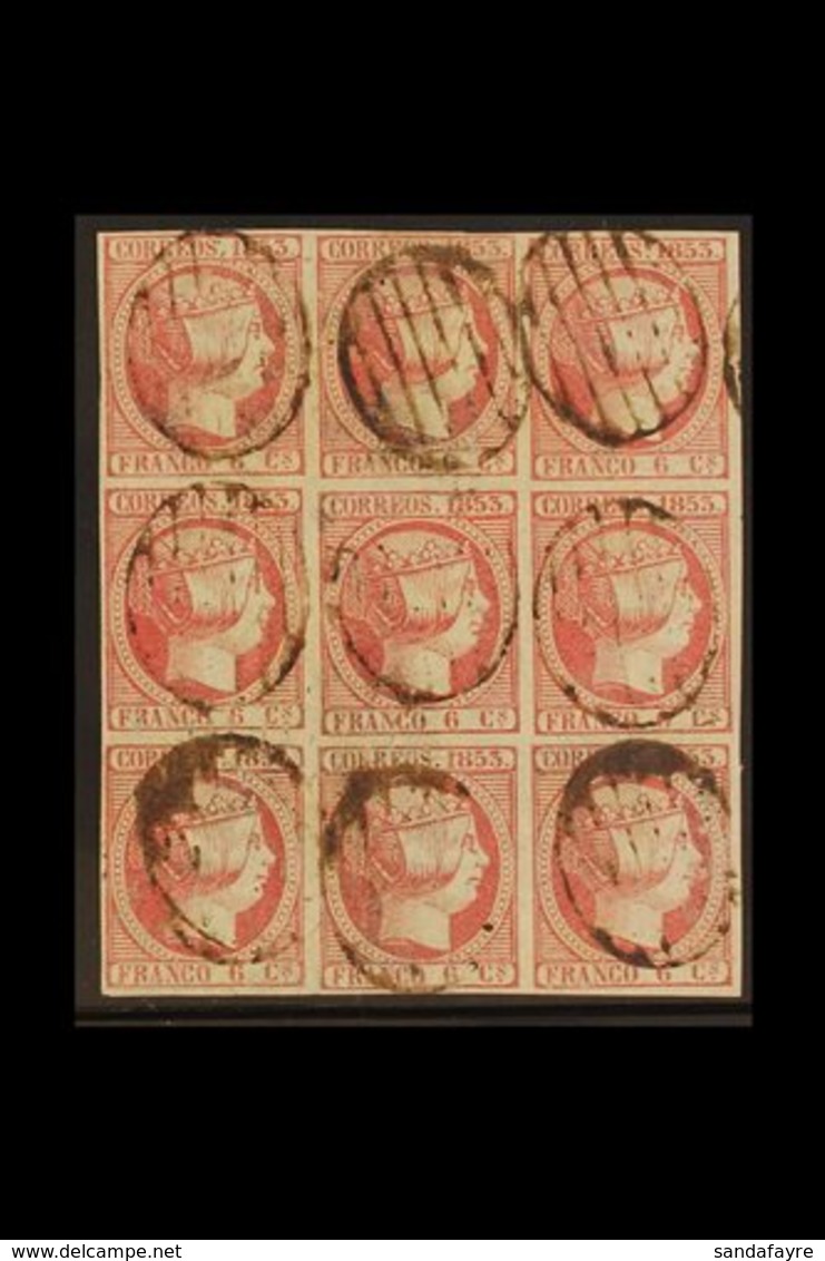 \Y 1853\Y 6c Rose On Thin Paper Imperf, SG 22 (Edifil 17) Used BLOCK OF NINE With 4 Margins And Light Cancellations, Num - Autres & Non Classés