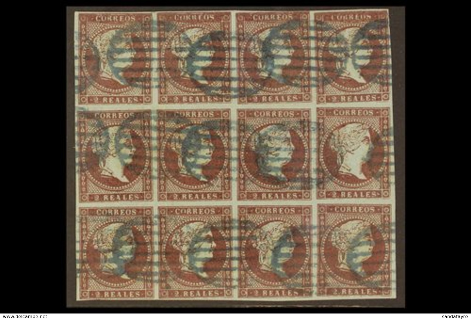 \Y 1855\Y 2r Dull Purple On Bluish Watermarked Paper, SG 49 (Edifil 42), Used BLOCK OF TWELVE With 4 Margins And Neat Bl - Autres & Non Classés