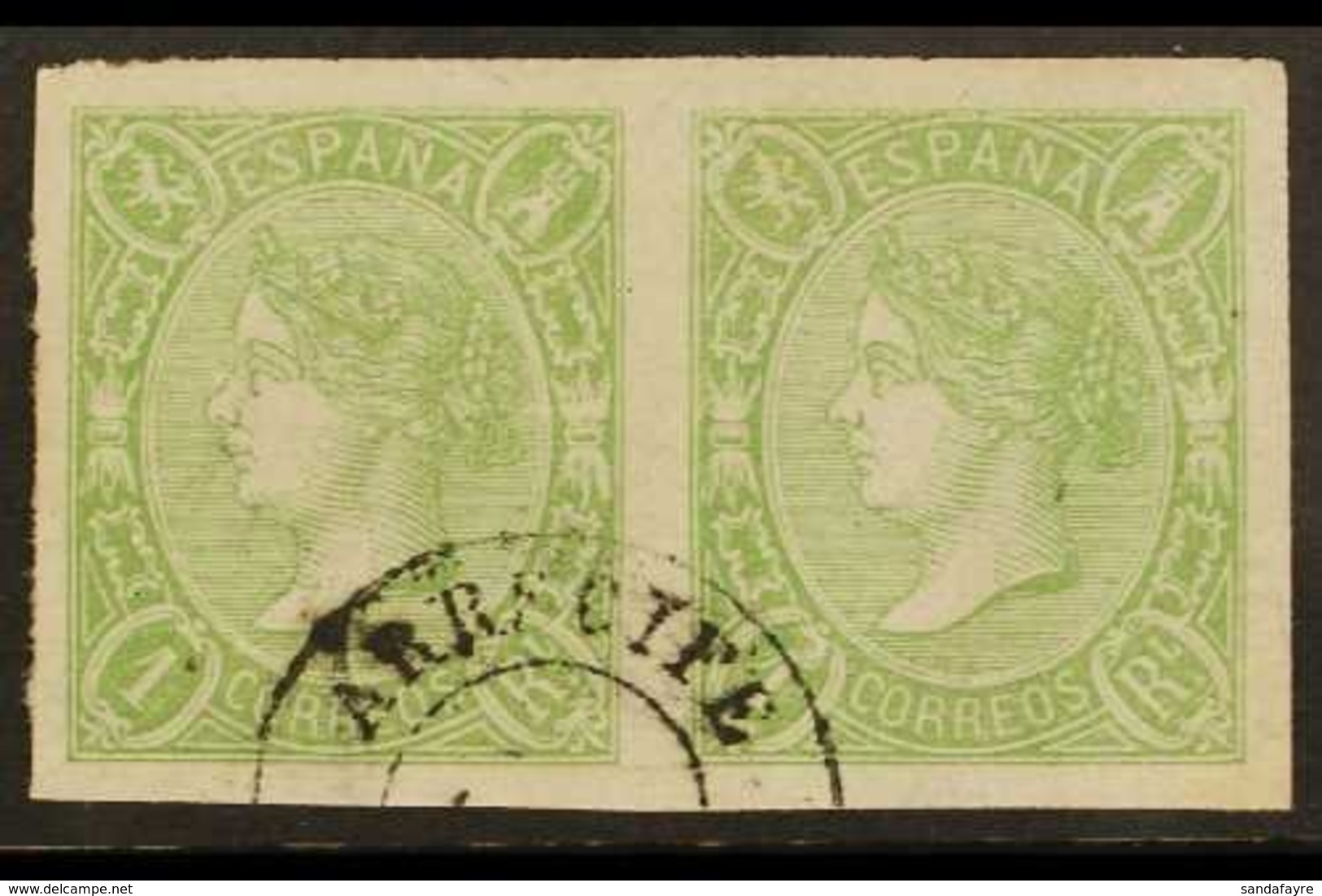 \Y 1865\Y 2r Yellow- Green Imperf, SG 84 (Edifil 72) PAIR USED AT THE CANARY IS. With A Single Choice "Arrecife" Cds. A  - Autres & Non Classés