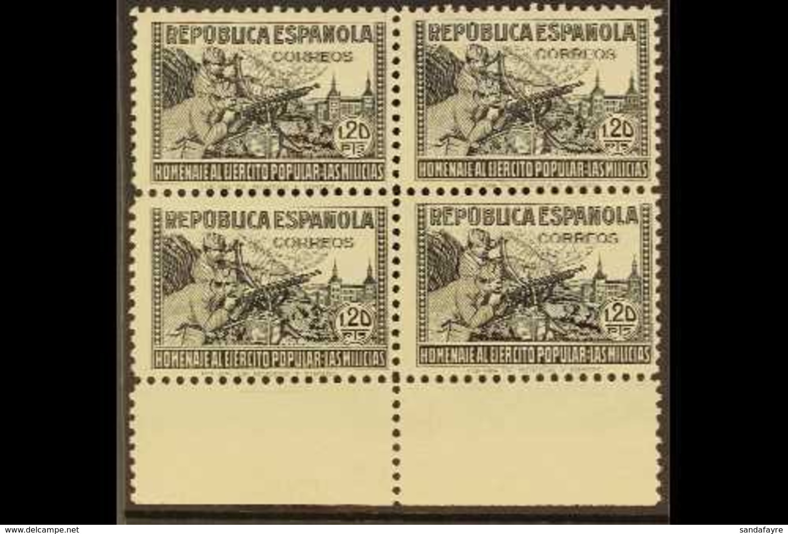 \Y 1938\Y 1p20 Black "In Honour Of The Militia", SG 861g (Edifil 797), Never Hinged Mint BLOCK OF FOUR With Sheet Margin - Sonstige & Ohne Zuordnung