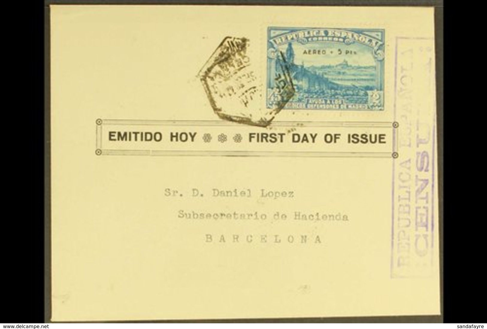 \Y 1938\Y 45c + 2p + 5p Blue Defence Of Madrid Relief Fund , SG 759, Superb Used On Censored Sep 1938 (non FDC) Cover. F - Sonstige & Ohne Zuordnung