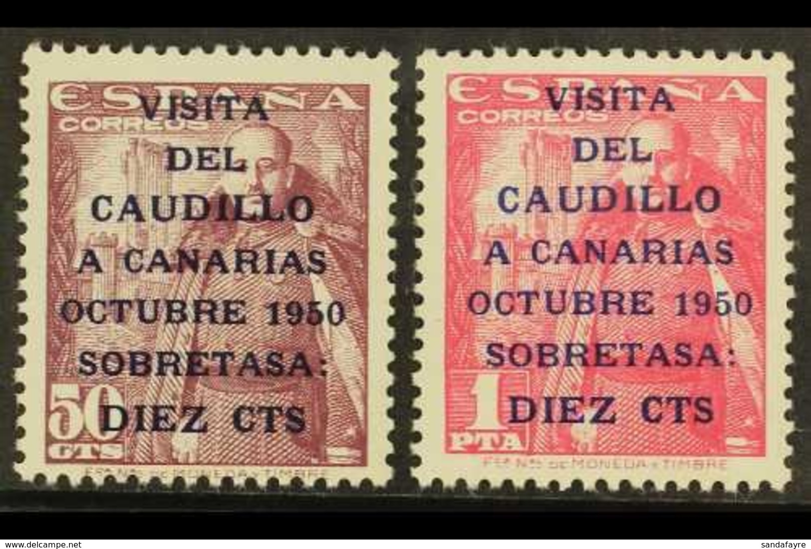 \Y 1951\Y Gen. Franco's Canary Is Visit Set, Both Stamps With The 14¾mm "CAUDILLO" Overprint Variety, Edifil 1088he/89he - Sonstige & Ohne Zuordnung