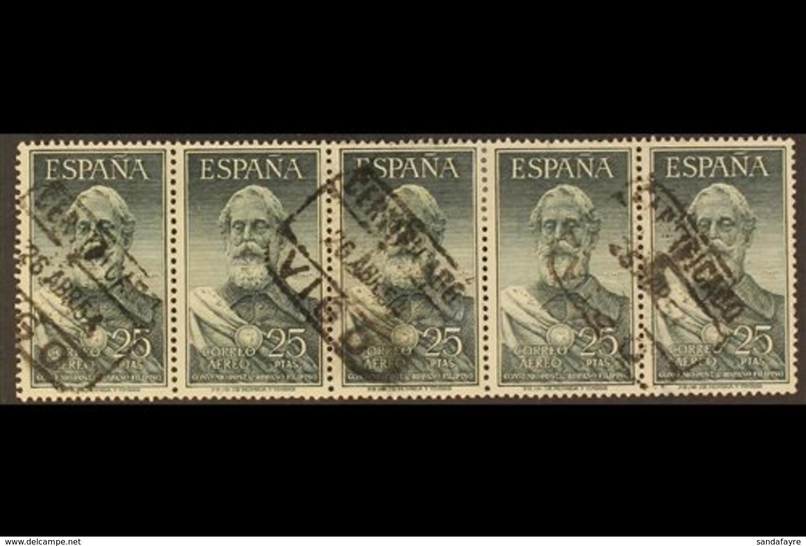 \Y 1953\Y 25p Legazpi Air Stamp, SG 1191 (Edifil 1124), Used STRIP OF FIVE With Neat Certificado Datestamp Cancels. Rare - Autres & Non Classés