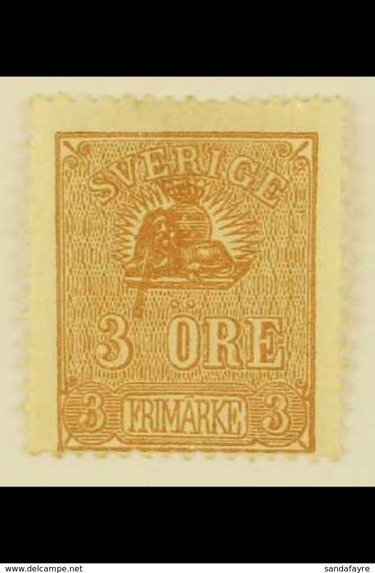 \Y 1862-66\Y 3o Brown Lion Type II With COLOURED LINE FROM LION TO LARGE "3" Variety, Facit 14Bv4, Unused No Gum, Thin,  - Autres & Non Classés
