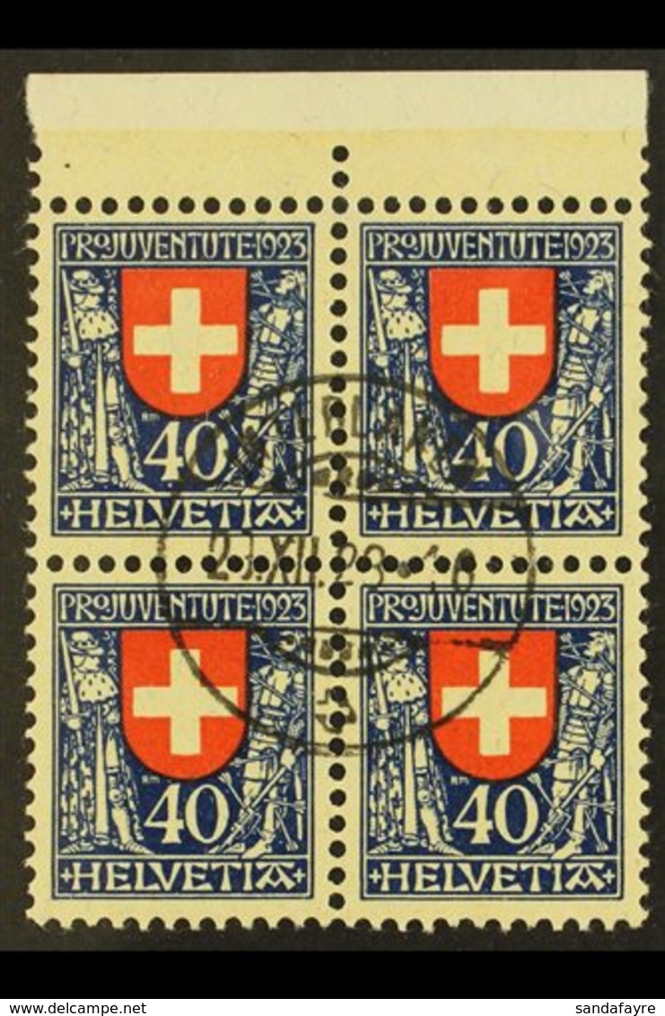 \Y 1923\Y 40c (+10c) Pro Juventute (Mi 188, Zum 28), Upper Marginal BLOCK OF FOUR Very Fine Used With Central Cds. For M - Autres & Non Classés