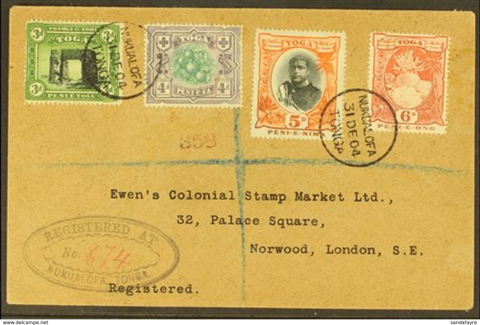 \Y 1904\Y (31 Dec) Registered Cover To England Bearing 1897 3d, 4d, 5d & 6d Stamps (SG 44/47) Tied By "Nukualofa" Cds's, - Tonga (...-1970)