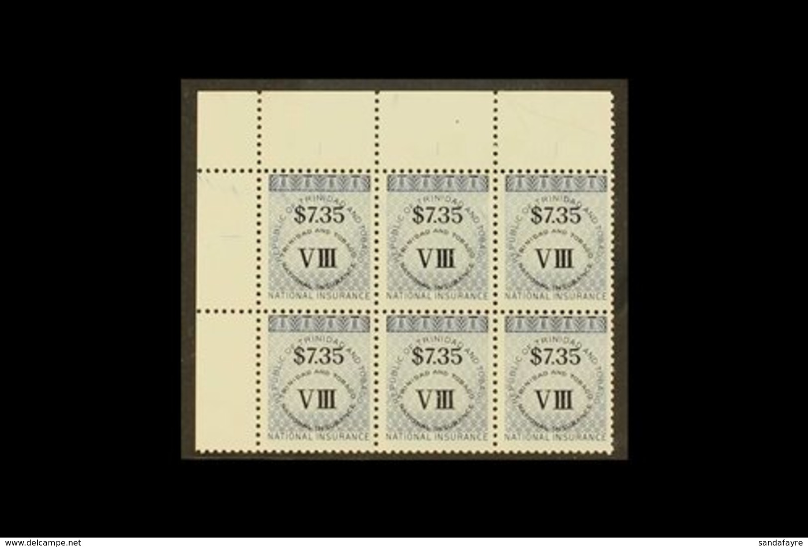 \Y REVENUES\Y NATIONAL INSURANCE 1990 $7.35 Dark Blue, Class VIII, Corner Marginal Block Of 6, Barefoot 14, Never Hinged - Trinité & Tobago (...-1961)