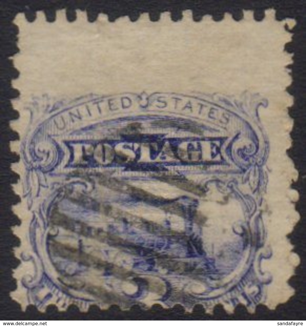 \Y 1869\Y 3c Deep Ultramarine Locomotive Stamp MISPERFORATION, Lightly Used Example With A Massive 4mm Downward Misplace - Sonstige & Ohne Zuordnung