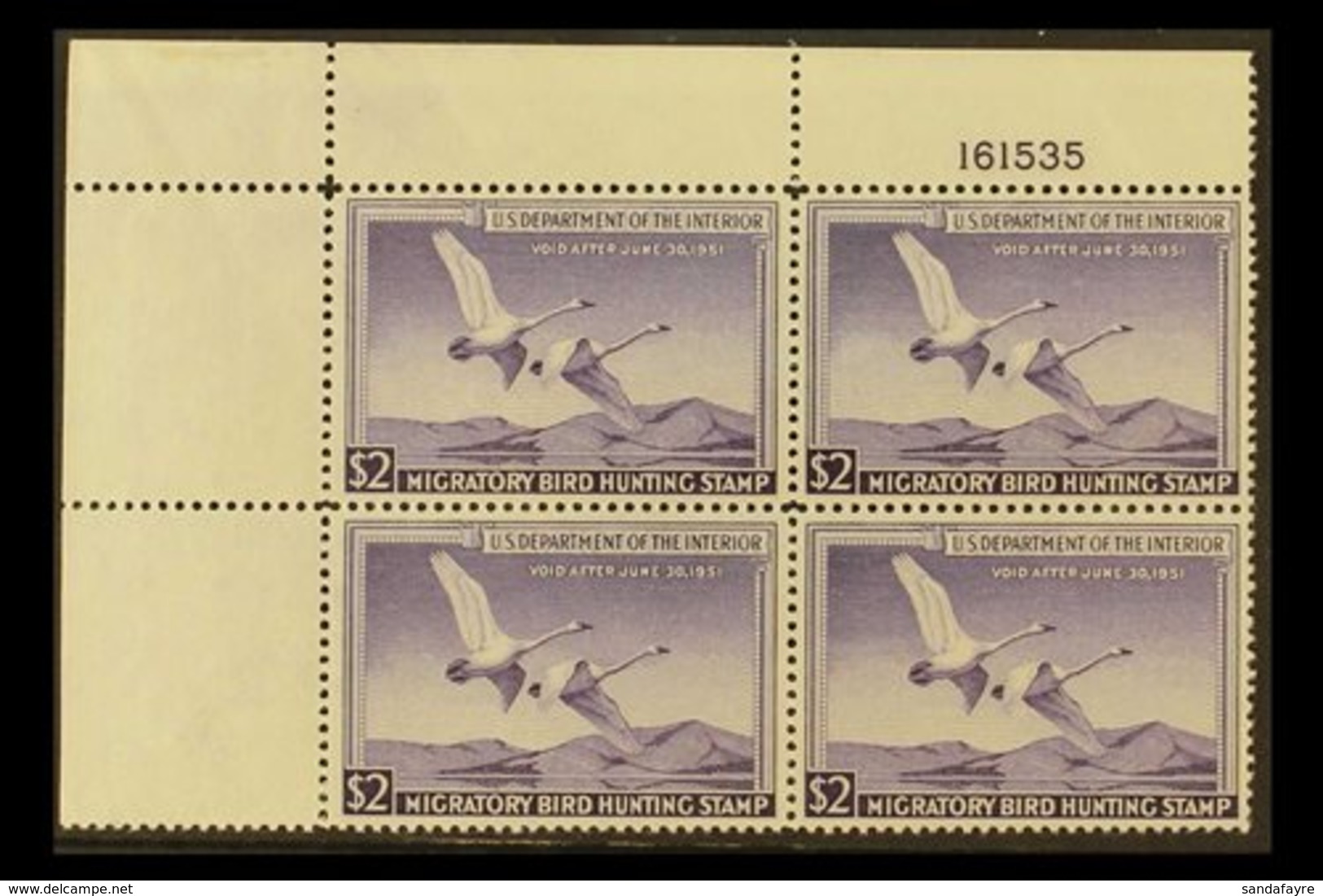 \Y REVENUE - "DUCK" STAMPS\Y 1950 $2 Violet, Scott RW17, Very Fine NEVER HINGED MINT CORNER BLOCK OF FOUR With Plate Num - Other & Unclassified