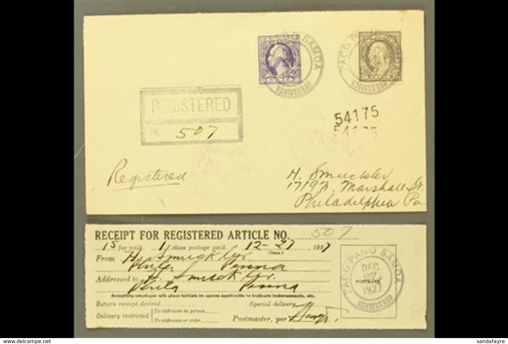 \Y AMERICAN SAMOA\Y 1927 (Dec 27) Registered Cover Franked With 3c Washington & 15c Franklin, Postmarked Pago Pago, Addr - Other & Unclassified