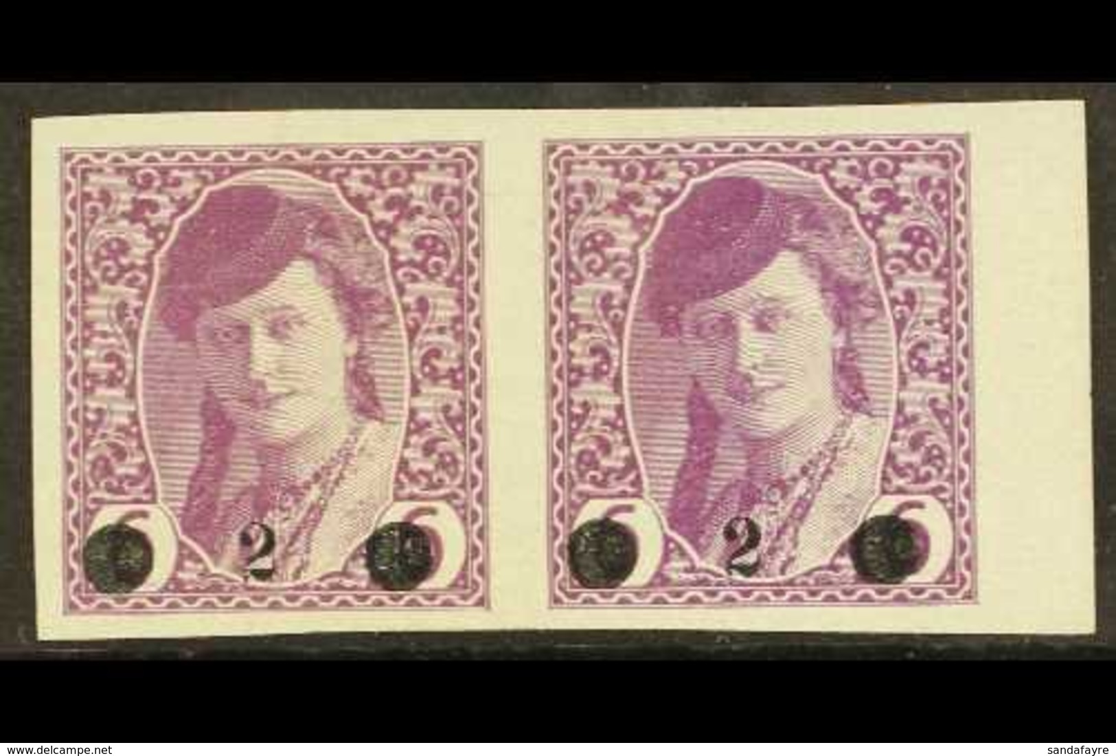 \Y ISSUES FOR BOSNIA\Y 1919 "2" On 6h Mauve Surcharge (Michel 27, SG 50), Mint Marginal Horizontal PAIR, Fresh, Minor Ri - Sonstige & Ohne Zuordnung