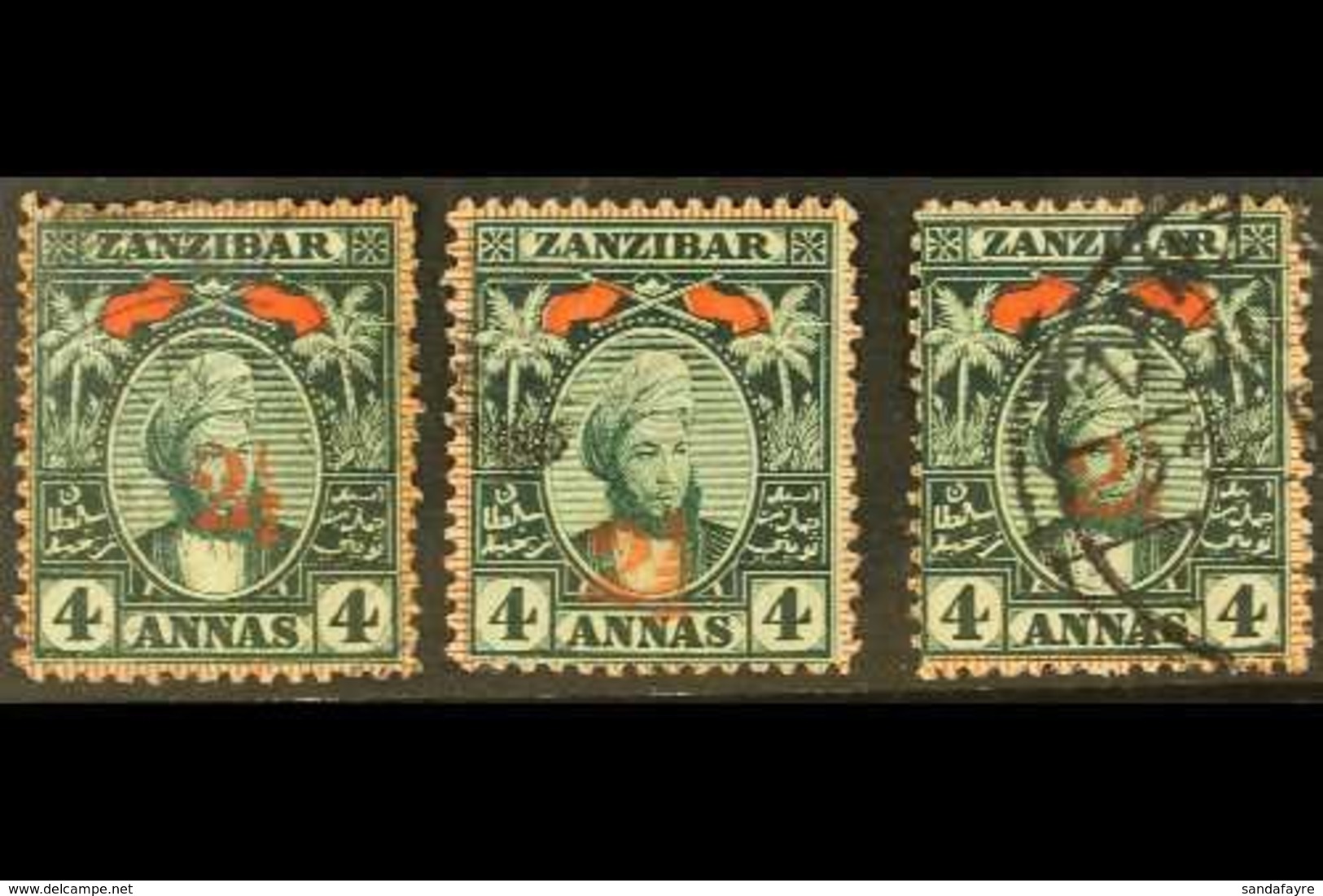 \Y 1897\Y (Jan) 2½ On 4a Myrtle- Green Complete Set Of Surcharges, SG 175/77, Very Fine Used (3 Stamps) For More Images, - Zanzibar (...-1963)