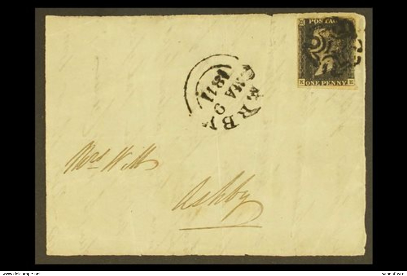 \Y 1840\Y 1d Black 'KE' Plate 1b, SG 2, Used On Large Piece/cover Front Tied By Black Maltese Cross Postmark, Plus "Derb - Unclassified