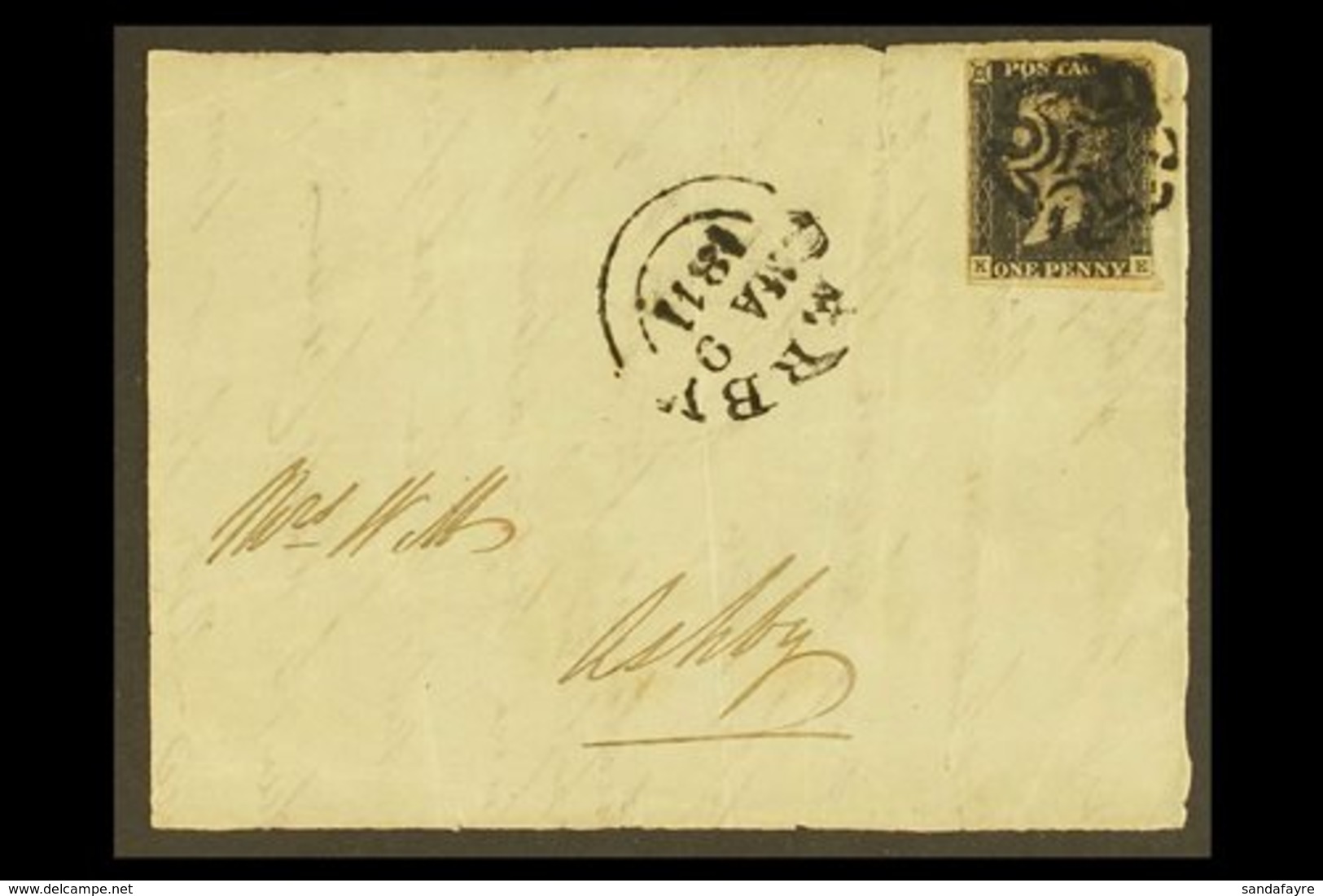 \Y 1840\Y 1d Black 'KE' Plate 1b, SG 2, Used On Large Piece/cover Front Tied By Black Maltese Cross Postmark, Plus "Derb - Non Classés