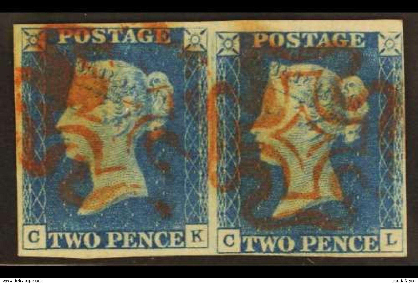 \Y 1840\Y 2d Pale Blue PAIR 'CK - CL' Plate 1, SG 6, Fine Used With 4 Clear Margins & Red MC Cancellations. An Attractiv - Autres & Non Classés