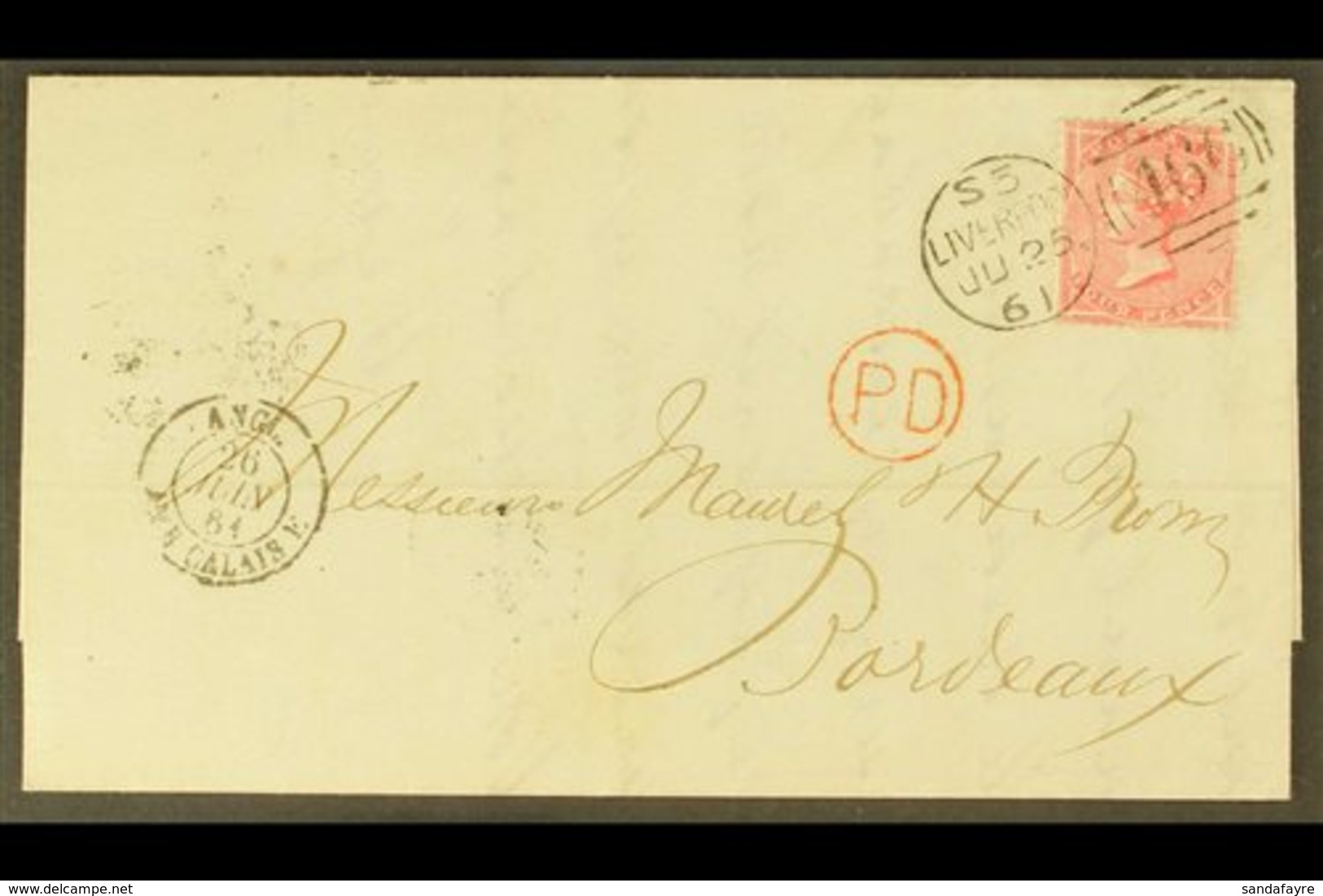 \Y 1861\Y (25 June) Entire Letter Addressed To France, Bearing 1855-57 4d Rose-carmine SG 66 (corner Fault) Tied By "Liv - Autres & Non Classés