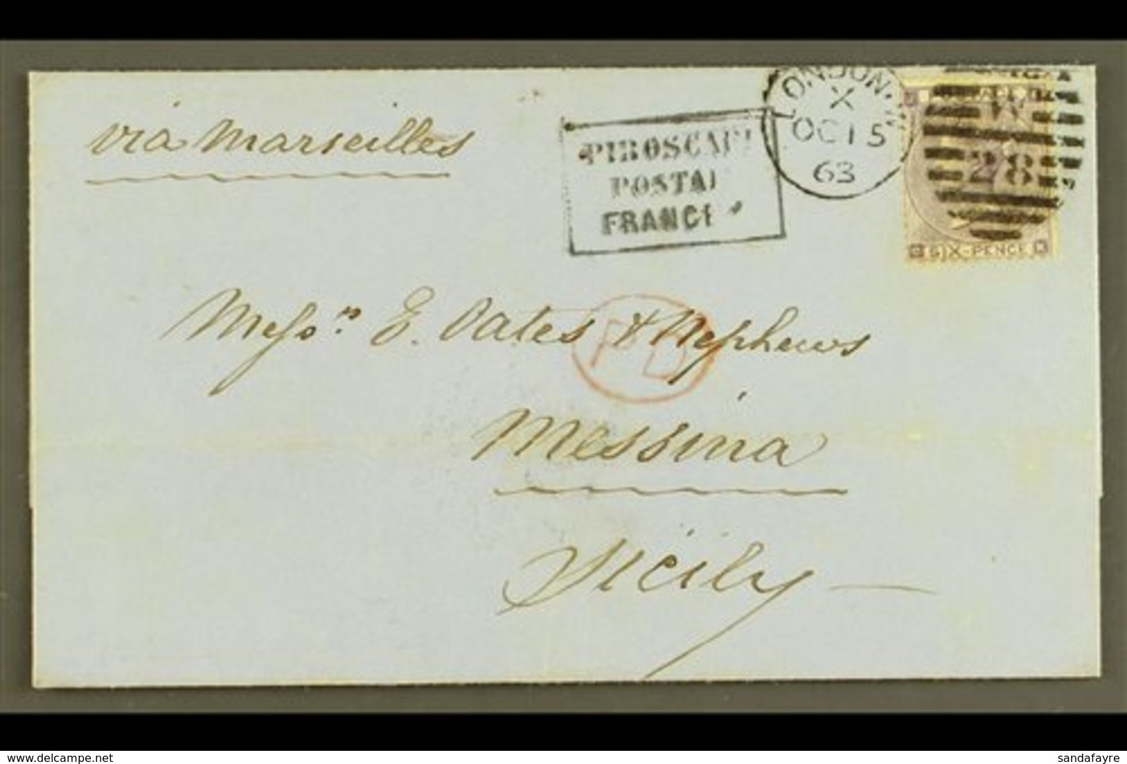 \Y 1863\Y (15 Oct) Entire From London To Messina, Sicily, Endorsed "Via Marseilles," Franked 1862-4 6d Lilac, SG 84, Fin - Other & Unclassified