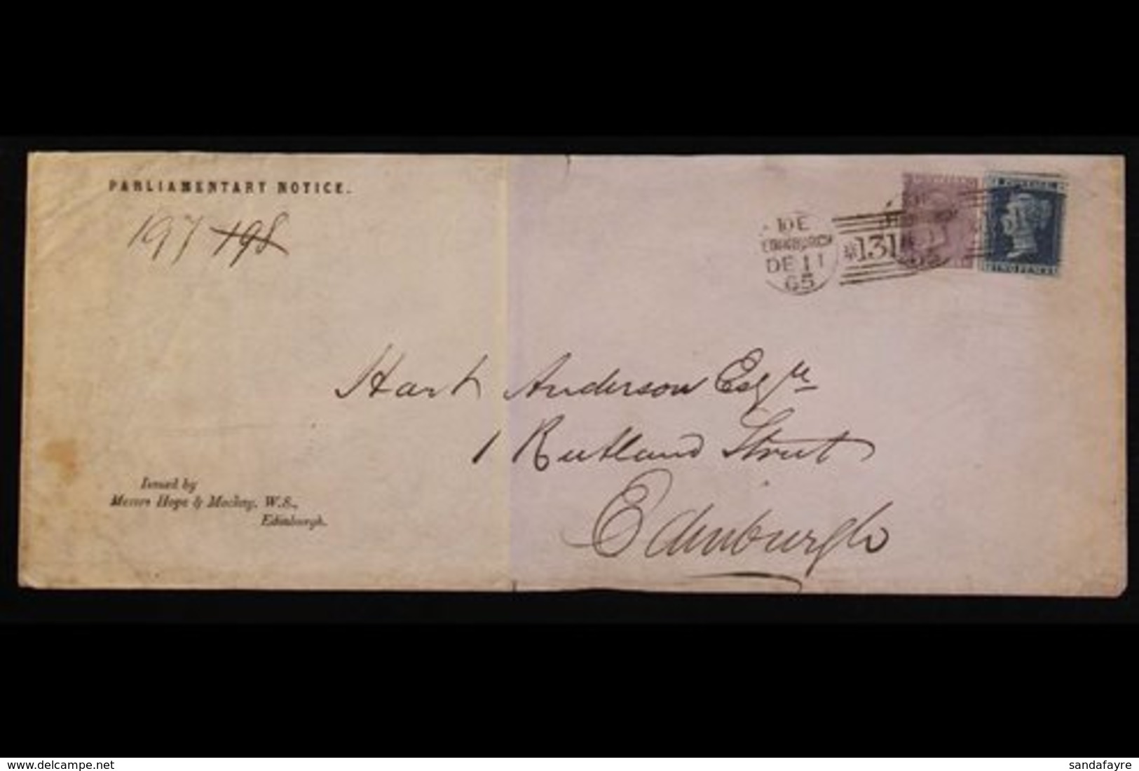 \Y 1865\Y (11th Dec) Printed "PARLIAMENTARY NOTICE" Envelope, Franked 2d Plate 9 & 6d Plate 5 Stamps Tied By "Edinburgh" - Other & Unclassified