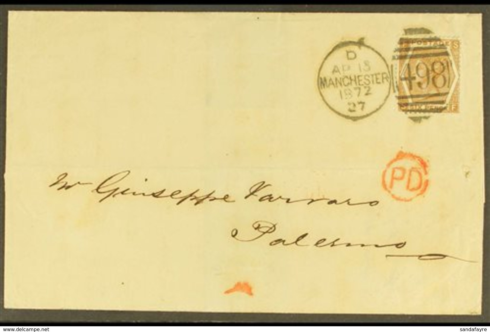 \Y 1872\Y (13 Apr) Cover From Manchester To Palermo, Italy, Franked 1872 6d Deep Chestnut Pl.11, SG 122, Tied By Fine &  - Autres & Non Classés