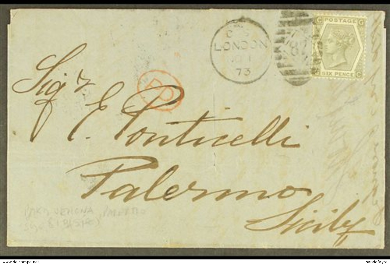 \Y 1873\Y (1 Nov) Entire From London To Palermo Bearing 1872 6d Grey, Plate 12 With Good Centring, DISINFECTED MAIL Cut, - Autres & Non Classés