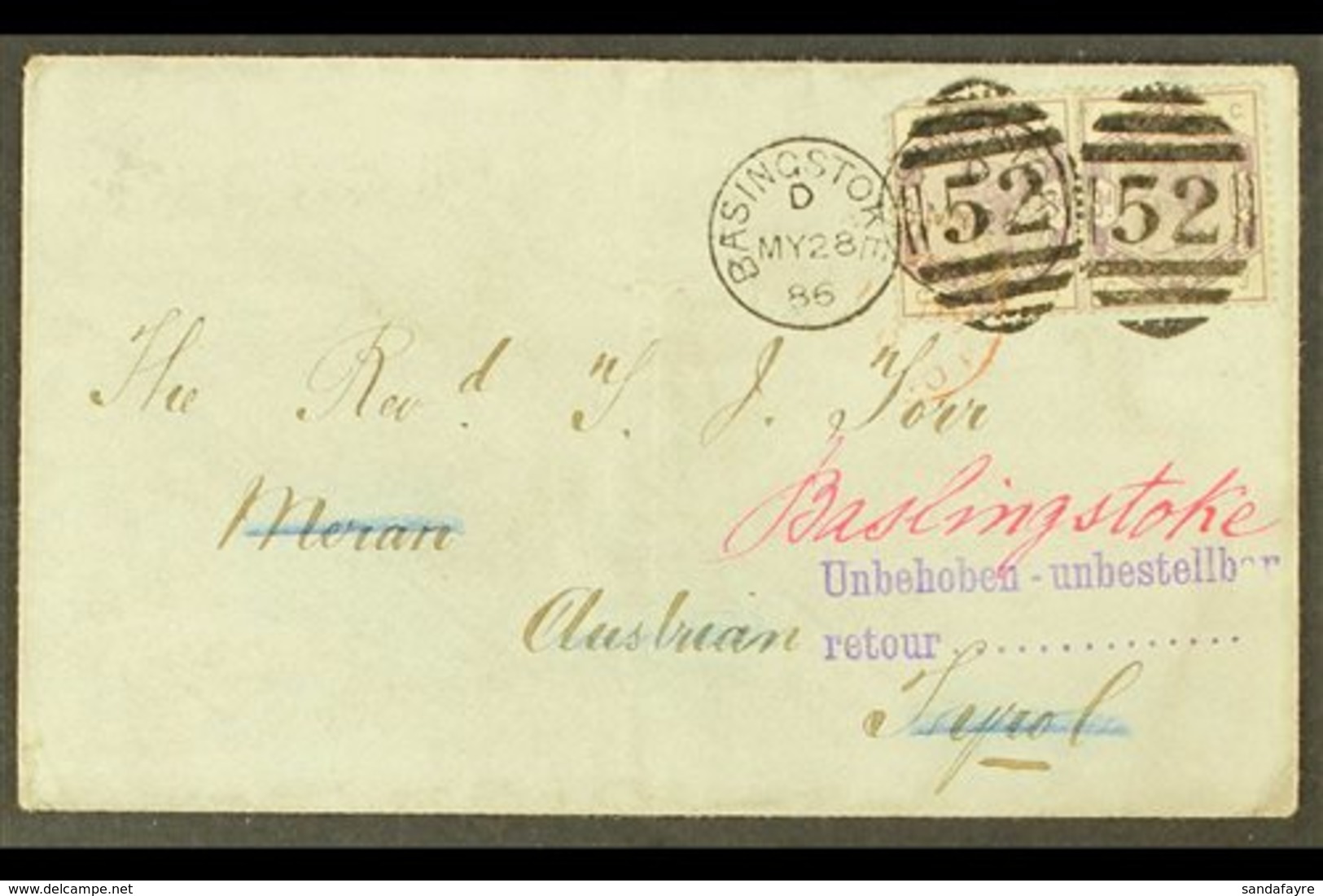 \Y 1886\Y (28 May) Env From Basingstoke To Austria Franked 1883-4 3d Lilac Pair, SG 191, Tied By Numeral Pmks, Austrian  - Other & Unclassified