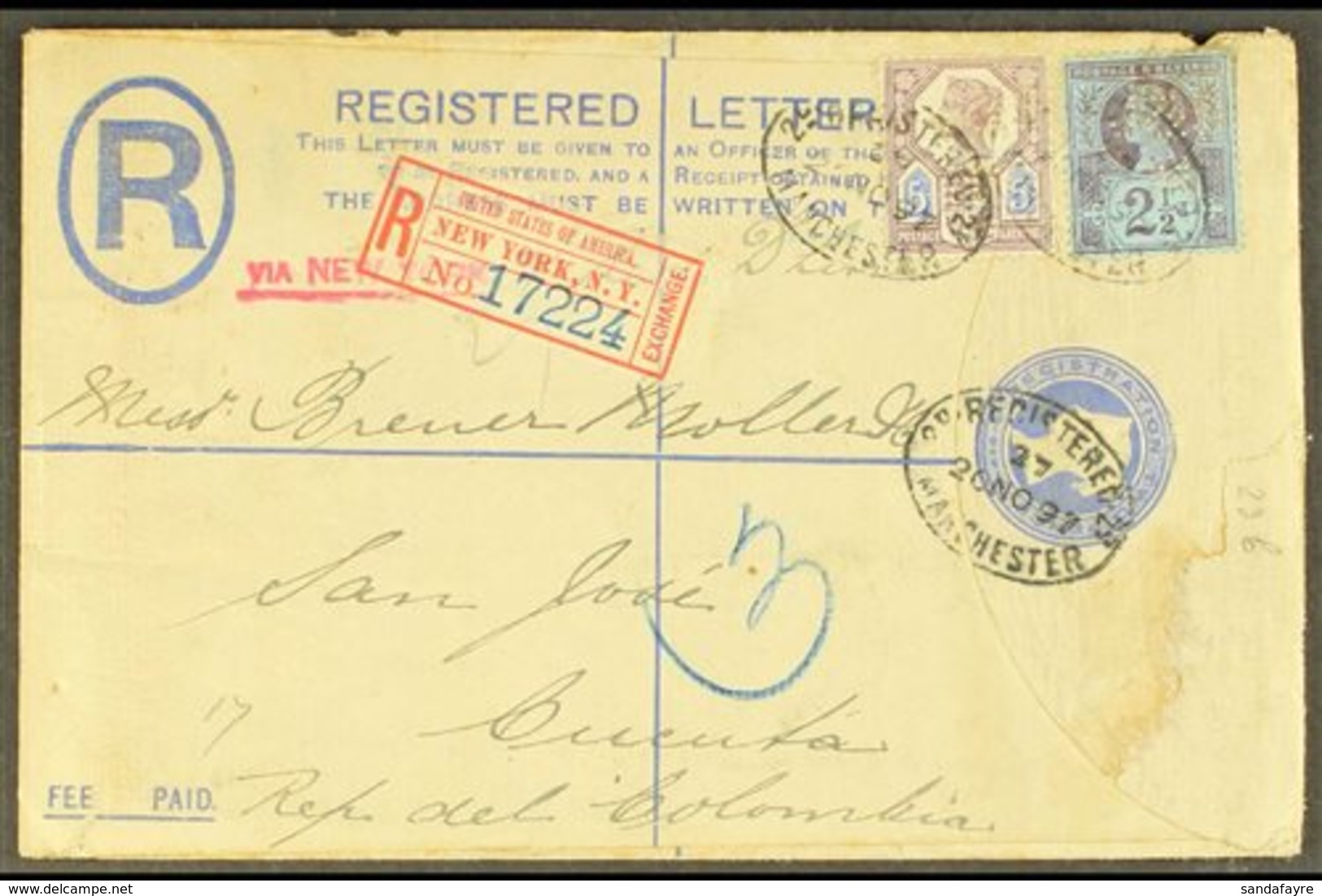 \Y POSTAL HISTORY\Y 1897 (20 Nov) 2d Registered Stationery Envelope, Franked QV 5d & 2½d Perfin Stamps, Sent From Manche - Autres & Non Classés