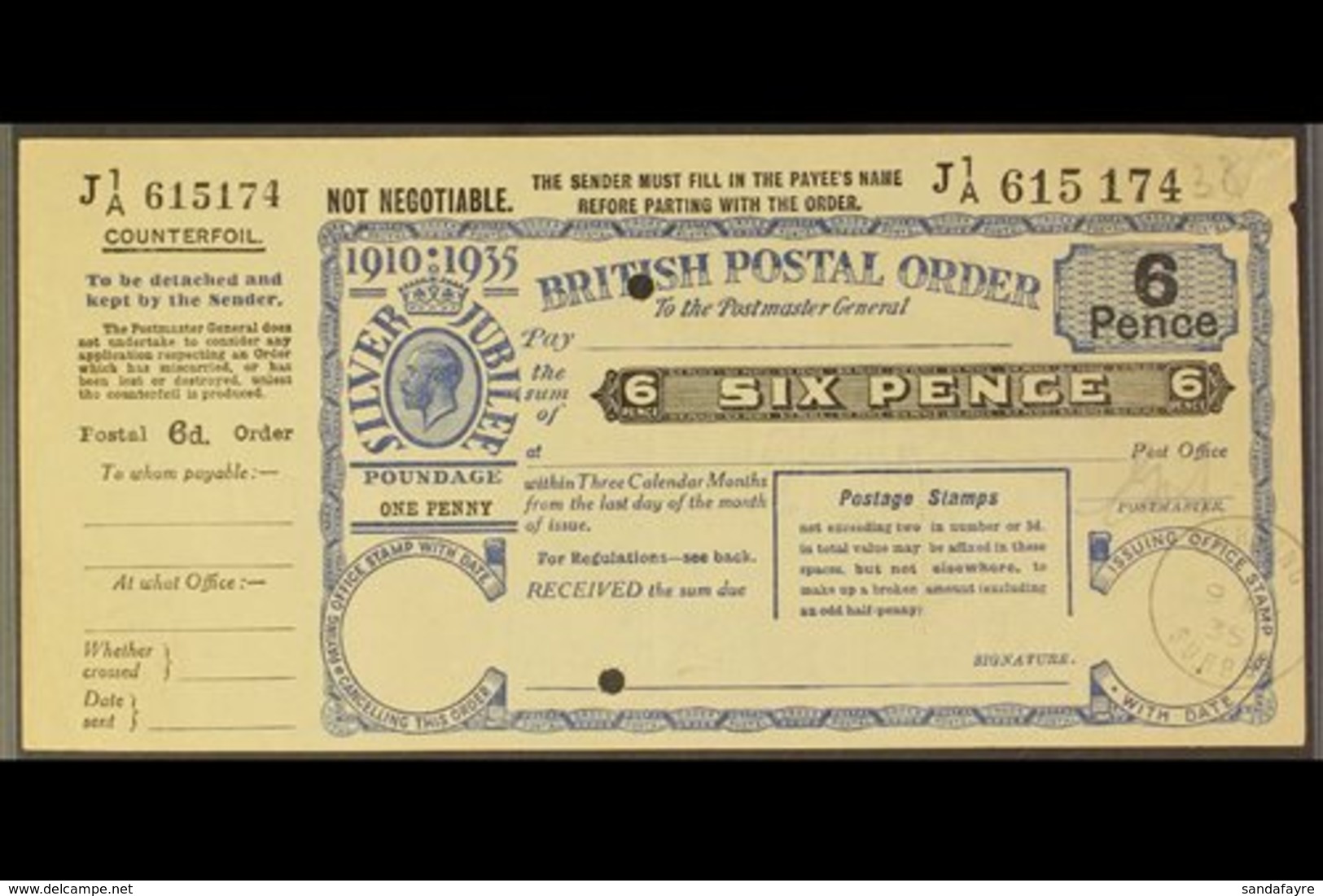 \Y POSTAL ORDER\Y 1935 Silver Jubilee 6d Postal Order With Full Counterfoil At Left, Two Security Punch Holes, "DORKING  - Unclassified