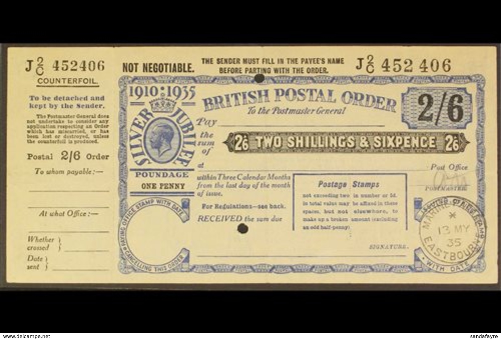 \Y POSTAL ORDER\Y 1935 Silver Jubilee 2s6d Postal Order With Full Counterfoil At Left, Two Security Punch Holes, "EASTBO - Non Classés