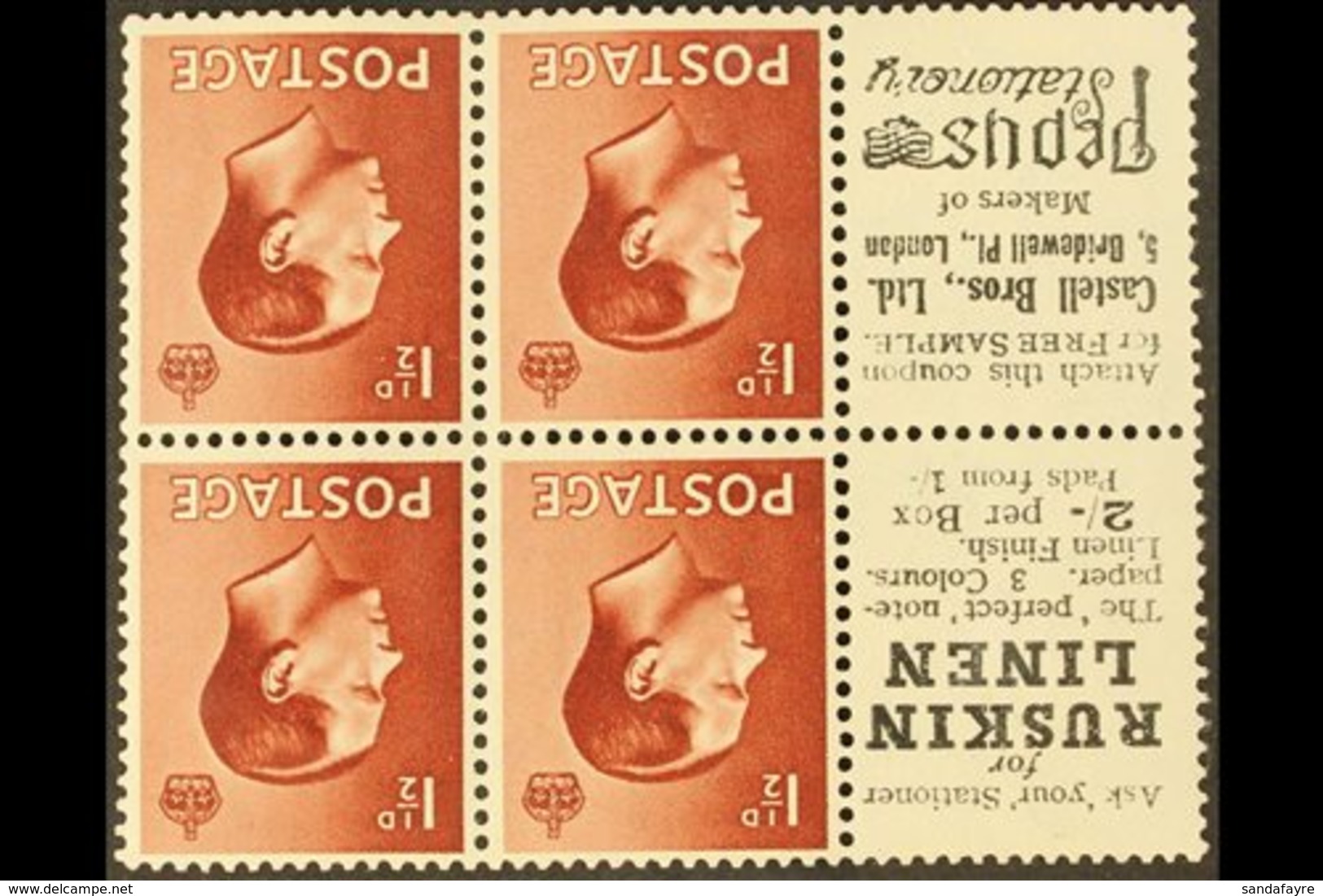\Y BOOKLET PANES WITH ADVERTISING LABELS\Y 1½d Red Brown Booklet Panes Of 4 With 2 Advertising Labels (Ruskin Linen), SG - Unclassified