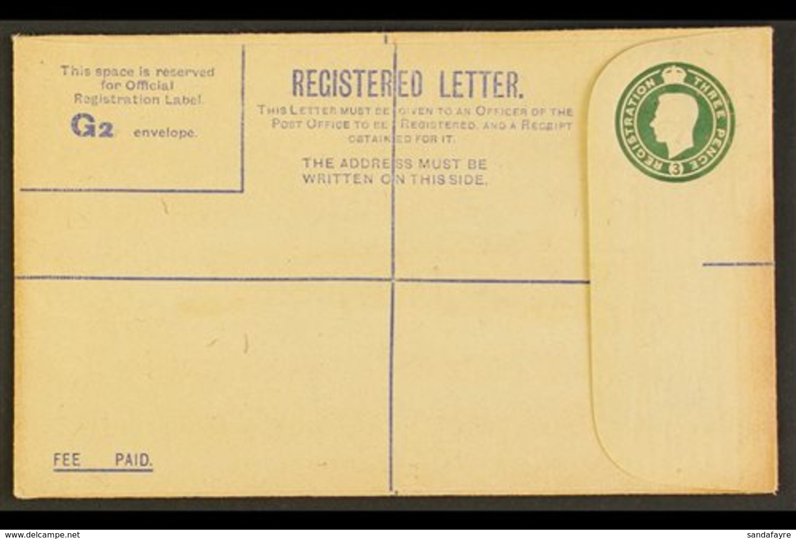 \Y REGISTRATION ENVELOPE\Y FORCES ISSUE 1944 3d Green, Size G2, With Square Stop On Back, Huggins RPF 3a, Fine Unused. F - Unclassified