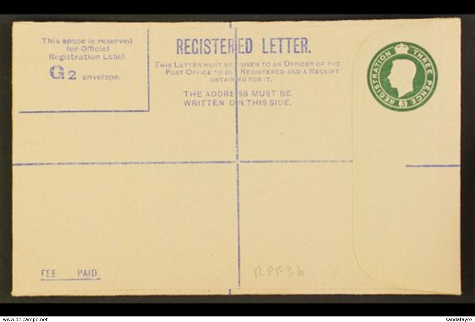 \Y REGISTRATION ENVELOPE\Y FORCES ISSUE 1944 3d Green, Size G2, With Round Stop On Back, Huggins RPF 3b, Very Fine Unuse - Unclassified