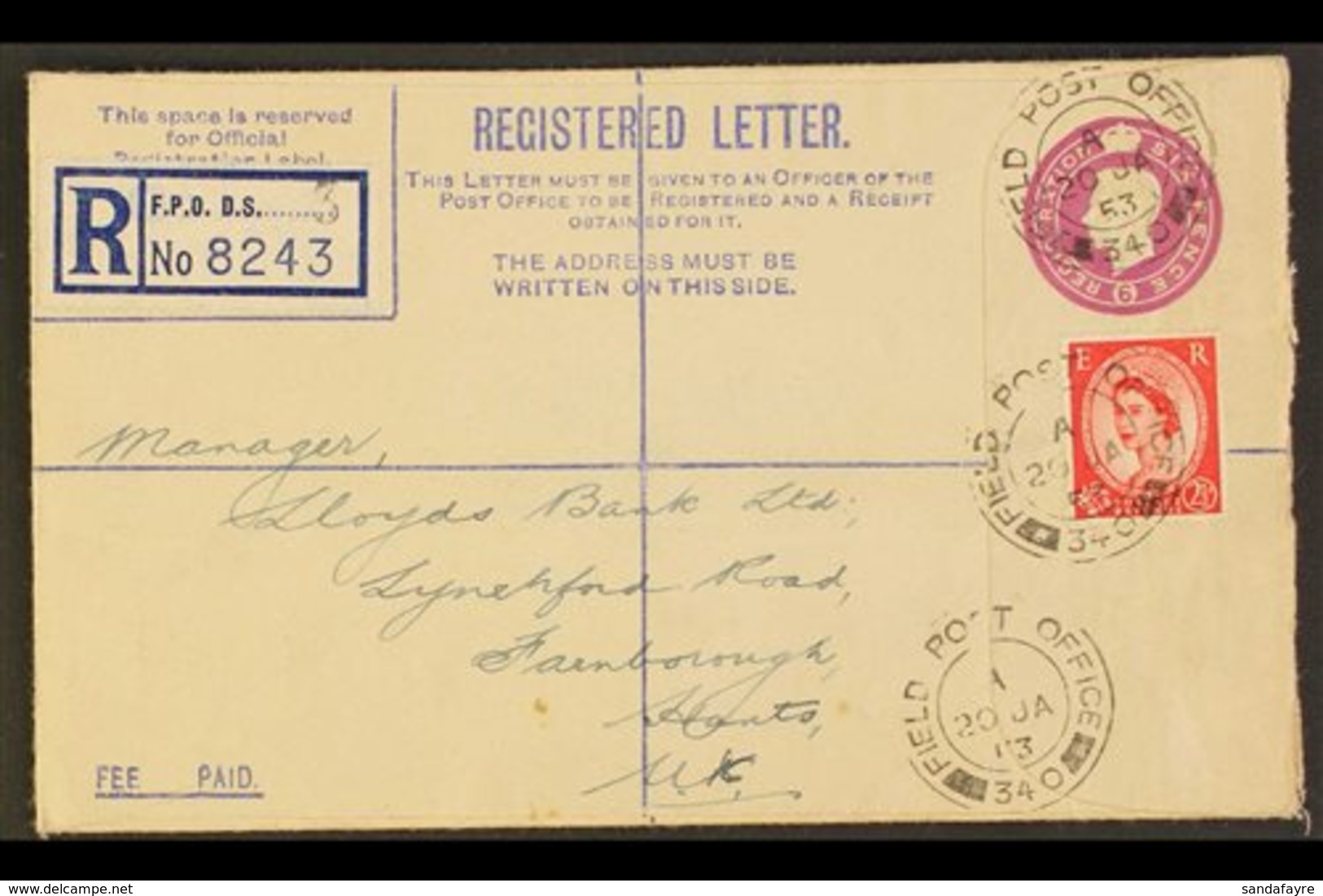 \Y REGISTRATION ENVELOPE\Y FORCES ISSUE 1952 6d Puce, Size G2, Huggins RPF 9, Uprated With QEII 2½d And Used From FPO 34 - Unclassified