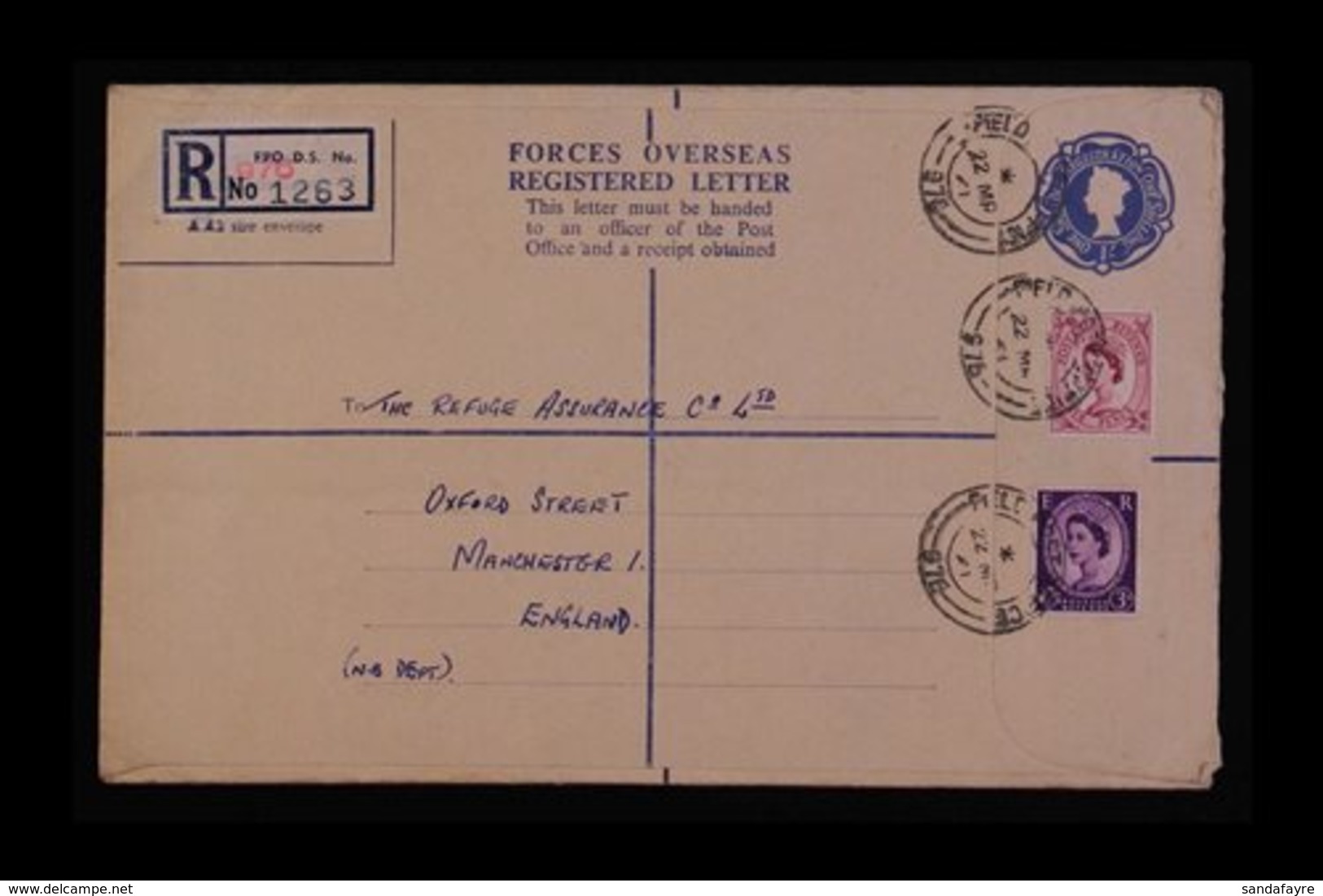 \Y REGISTRATION ENVELOPE\Y FORCES ISSUE 1959 1s0d Blue, Size H2, Huggins RPF 10, Uprated With 3d Plus 6d And Used In 196 - Autres & Non Classés