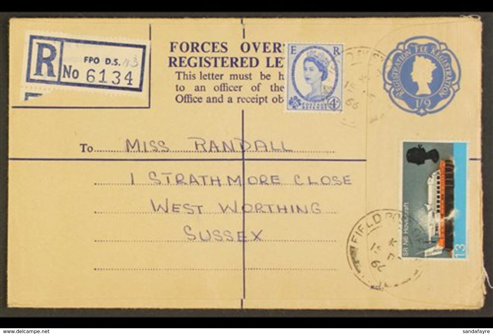 \Y REGISTRATION ENVELOPE\Y FORCES ISSUE 1966 1s9d Blue, Size G2, Huggins RPF 14, Uprated With 4d Definitive Plus 1s3d Ho - Other & Unclassified