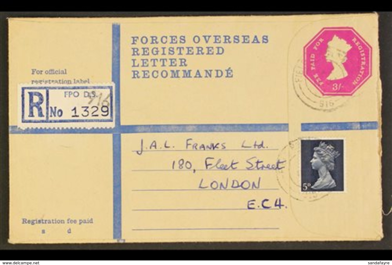\Y REGISTRATION ENVELOPE\Y FORCES ISSUE 1970 3s0d Magenta, Size G2, Huggins RPF 19, Uprated With 5d And Used In 1971 Fro - Sonstige & Ohne Zuordnung