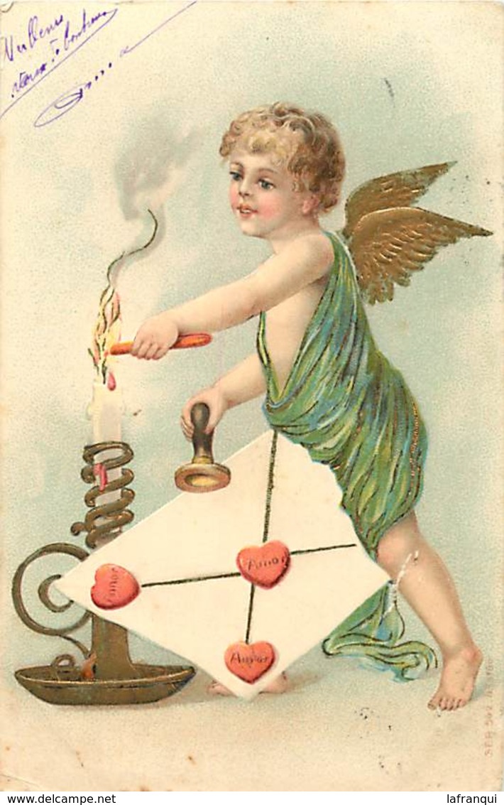 Themes Div-ref AA394- Carte Gaufrée - Anges - Ange - Angelots - L Angelot Et La Bougie -fond Doré - Dorures - - Anges