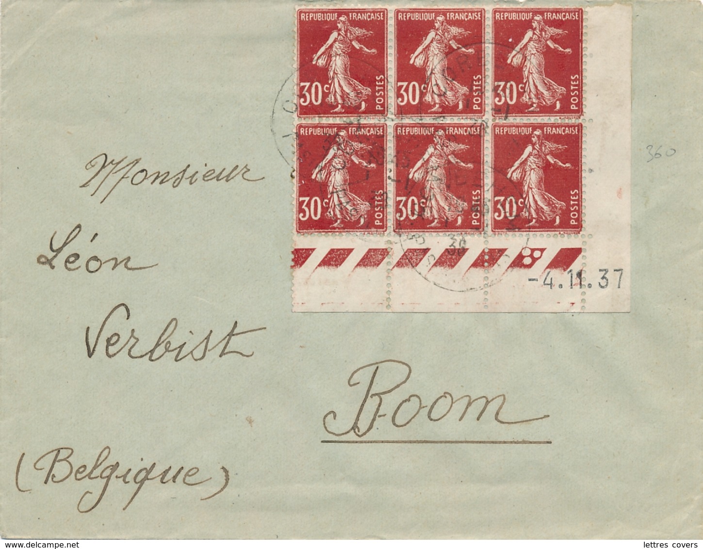 SEMEUSE N°360 BLOC De 6 COIN DATÉ Sur Lettre Pour BOOM Belgique - Obl 1/1/38 - 1906-38 Semeuse Camée