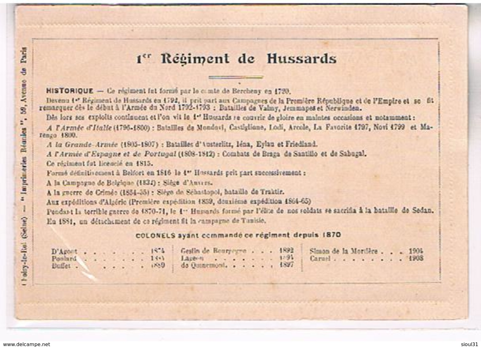 34  BEZIERS  CARTE  LETTE  MILITAIRE   1er  Régiment  De Hussards  Le Passage  TBE     HE765 - Beziers