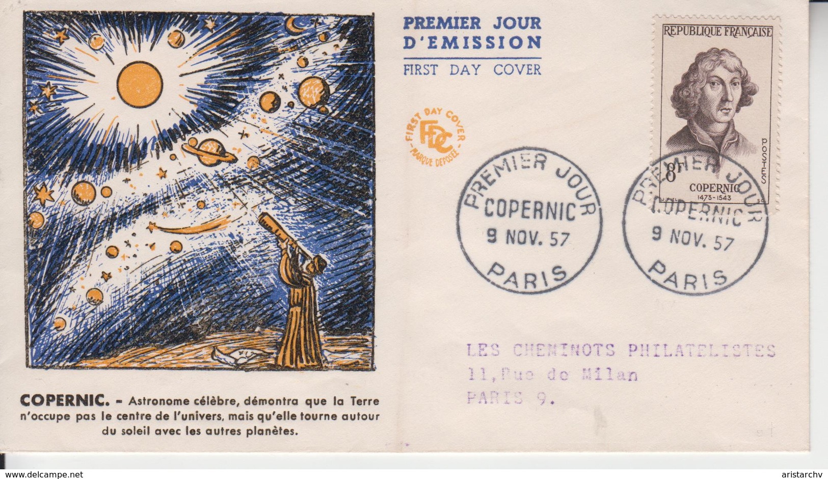 FRANCE 1957 ASTRONOMY NICOLAUS COPERNICUS PLANETS OF SOLAR SYSTEM FDC - Astronomia